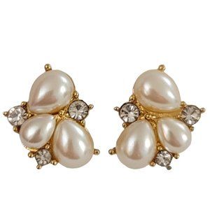 Monet Gold Tone Faux Pearl Clear Rhinestone Cluster Clip-On Earrings Signed K993